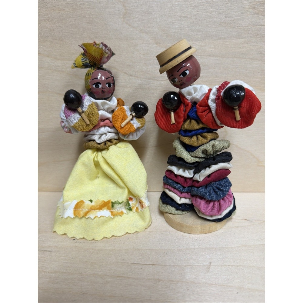 Vintage Cuban Rumba Dancer Dolls Pair Mid Century Folk Art Wooden Heads Maracas